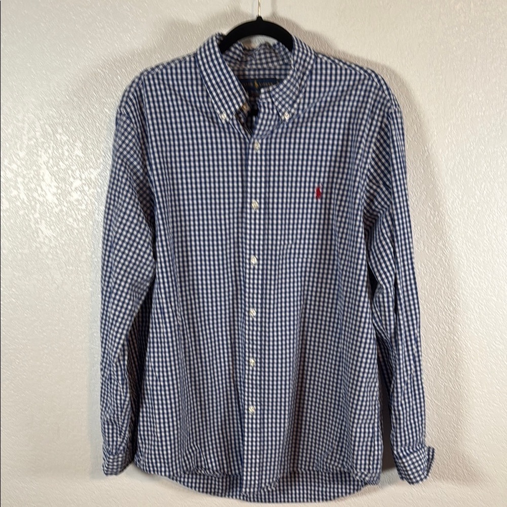 Ralph Lauren Blue Gingham Classic Fit Button Down Shirt Size XL Red Pony